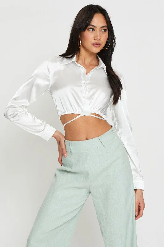 White Wrap Blouse Long Sleeve Collared Satin