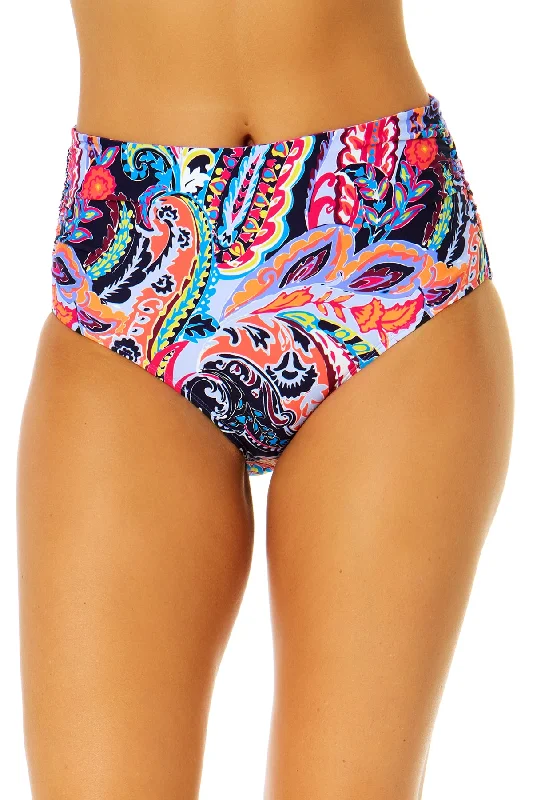 Women's Paisley Parade Fold Over High Waist Shirred Bikini Swim Bottoms