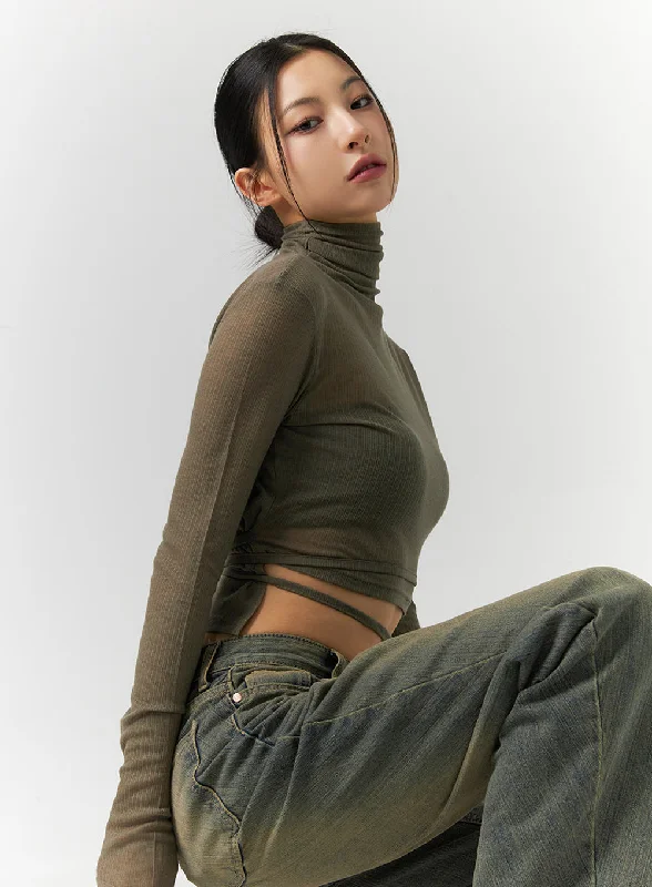 Wool Strap High Collar Crop Top ID305